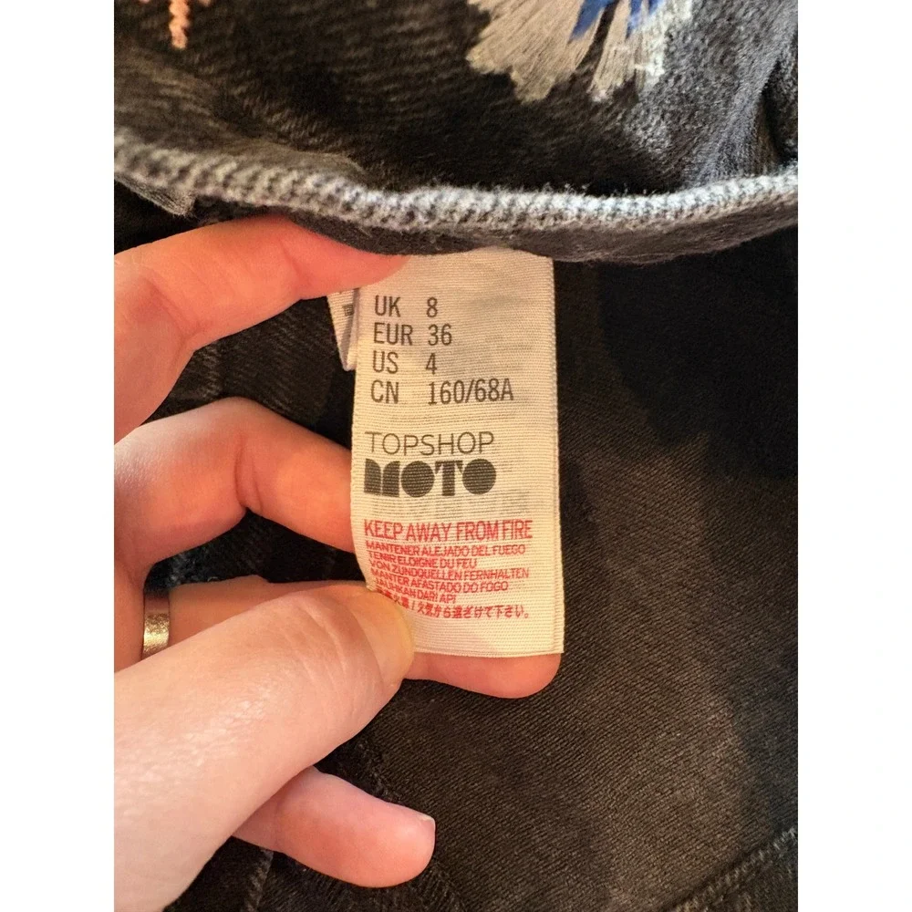 Topshop Moto Black‎ Denim Floral Embroidered Mini Skirt Boho Size 4